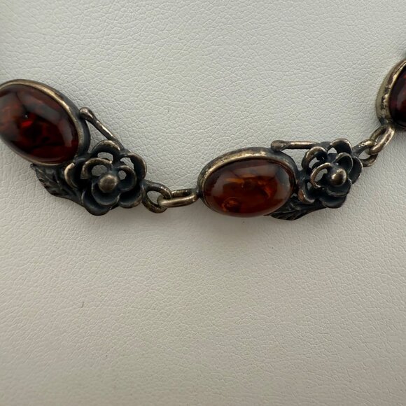 Vintage Sterling Silver Italian Amber Statement Necklace Floral Detail 925 Italy - Picture 8 of 10